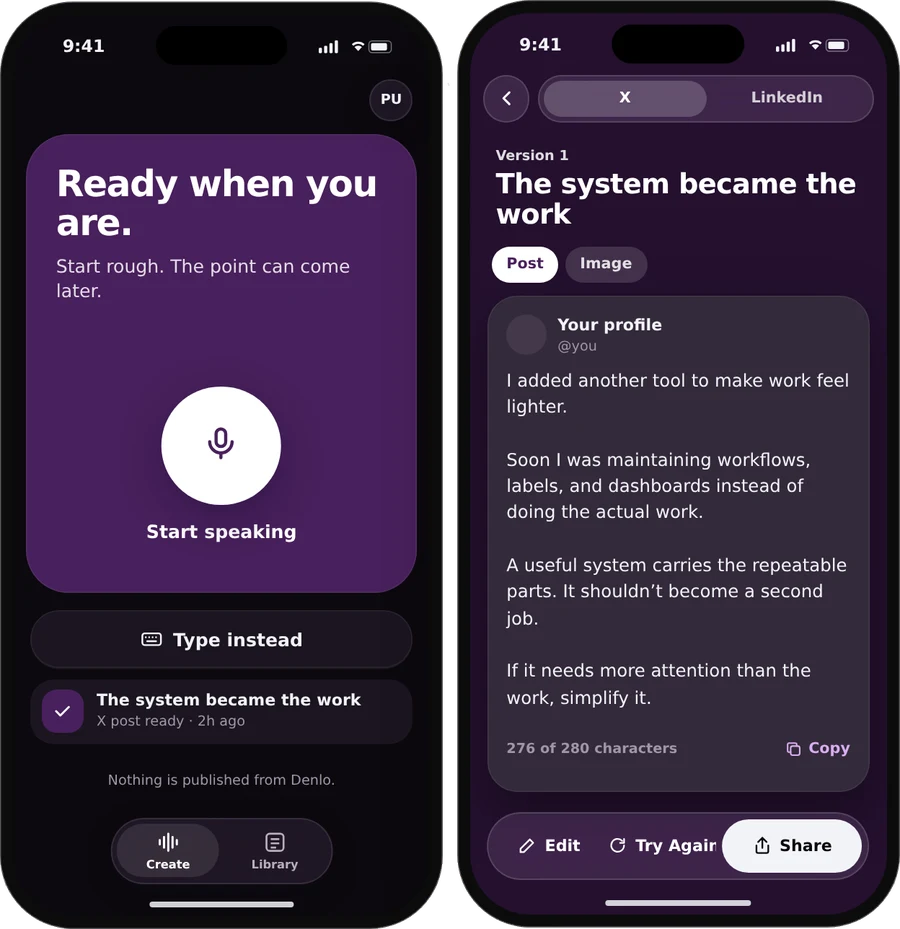 Denlo's Create and result screens in dark mode