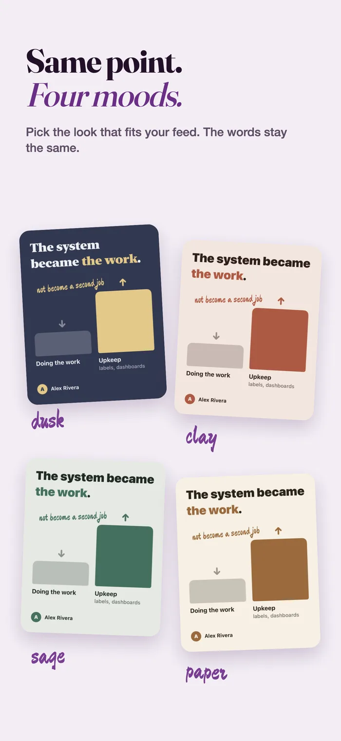 The same post in four palettes
