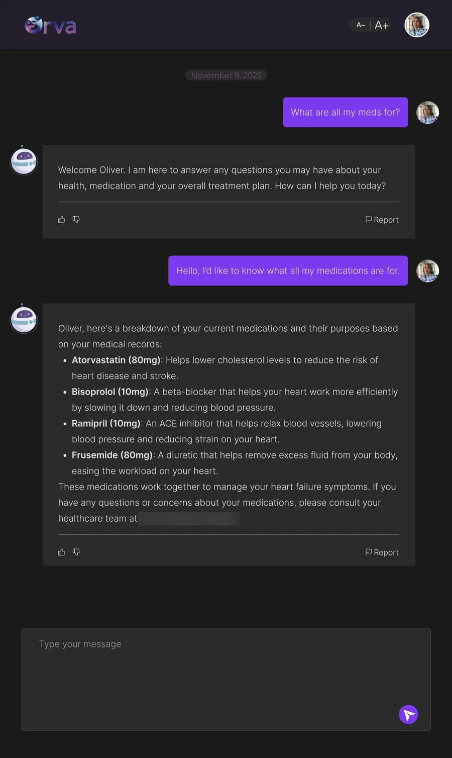 Orva chat in dark mode