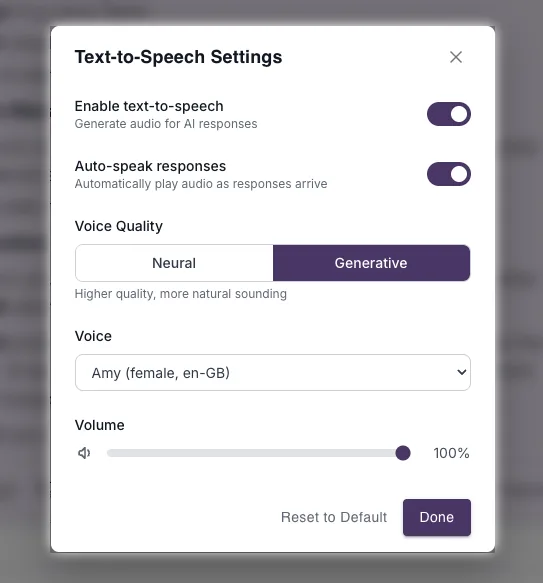 First build: text-to-speech settings with a volume slider